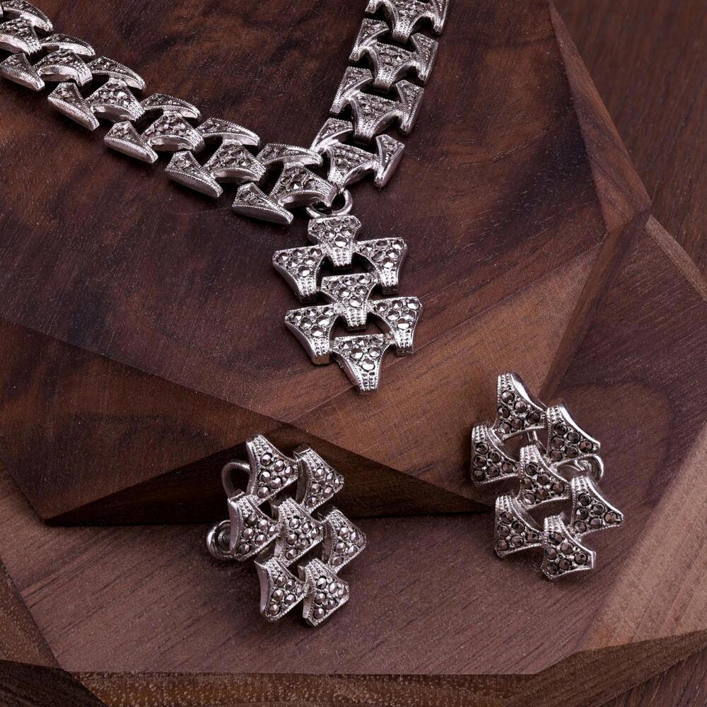 Vintage KD Kilmer & Daniel Art Deco Sterling Marcasite Necklace and Earring Set